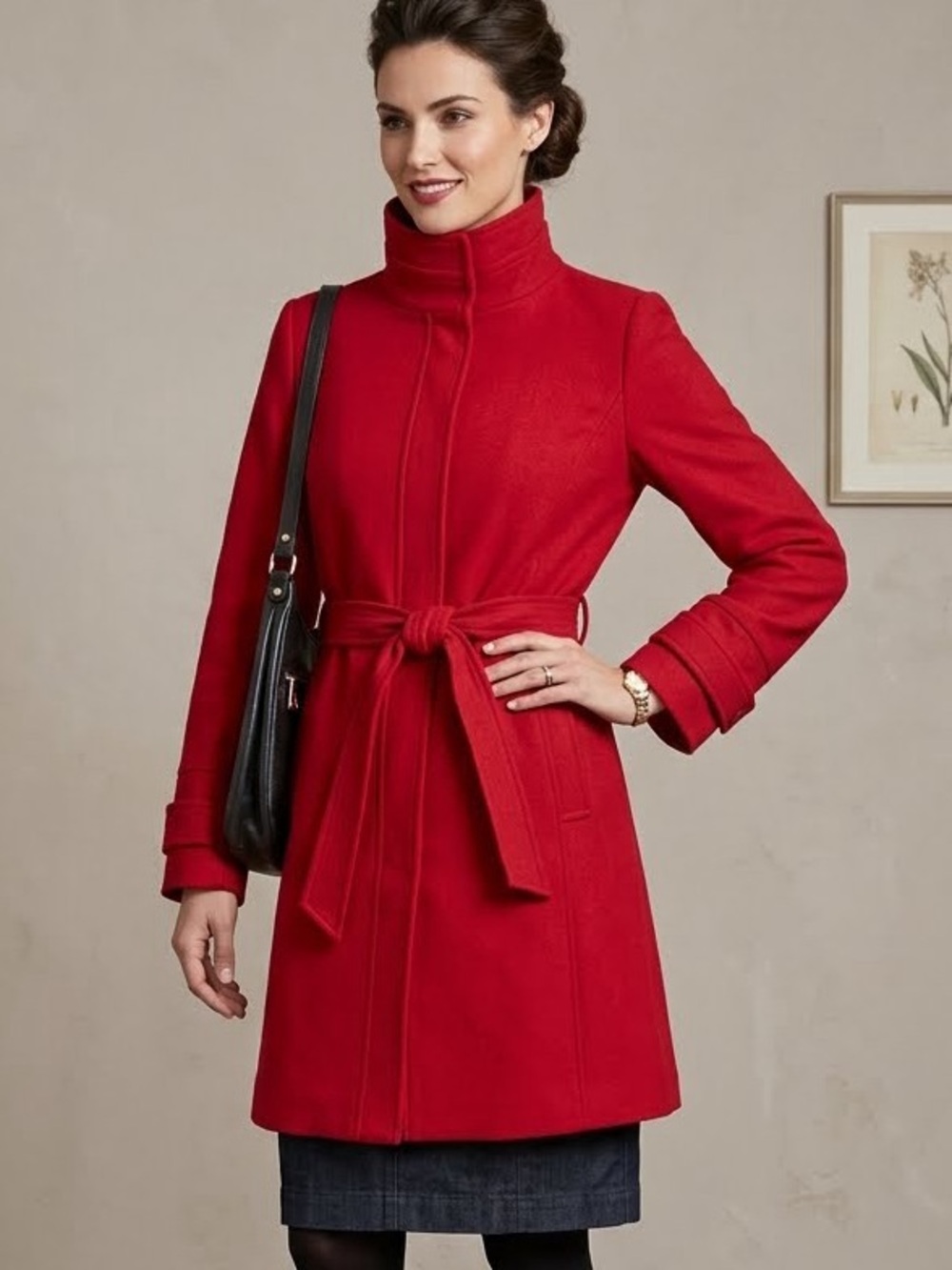 Chic Retro Cherry Red Funnel Neck Belted Trench Coat Mid Length Size 44